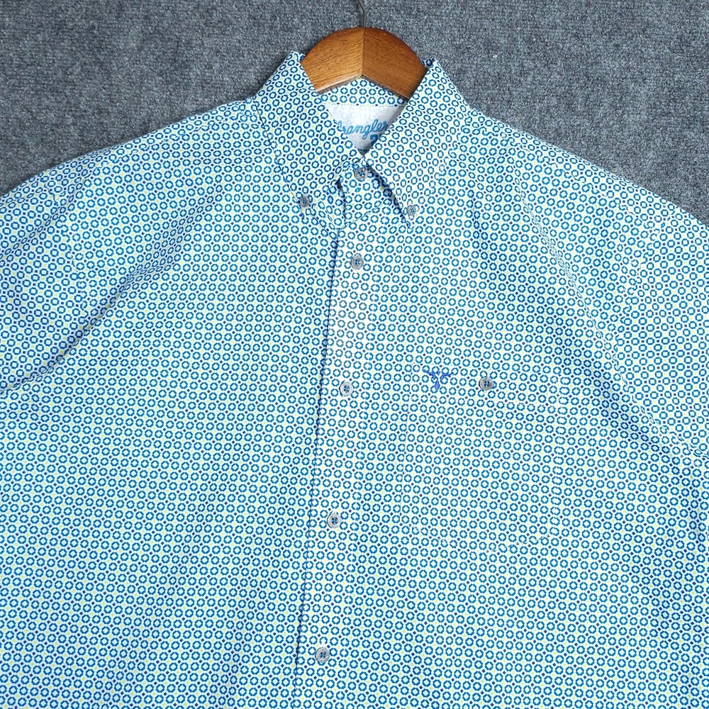 Wrangler Button Up‎ Shirt Mens L Blue 20x Competition Geometric Short Sleeve